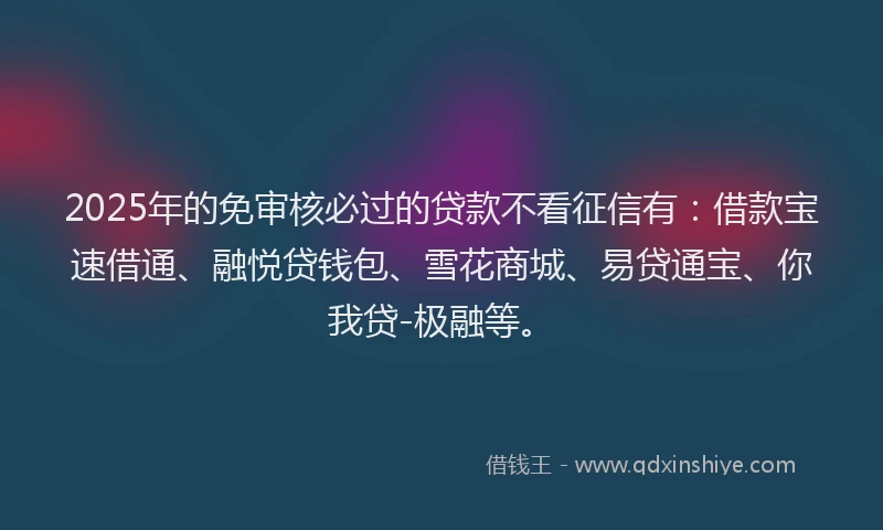 2025年的免审核必过的贷款不看征信有：借款宝速借通、融悦贷钱包、雪花商城、易贷通宝、你我贷-极融等。