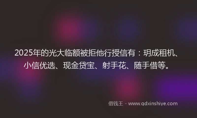 2025年的光大临额被拒他行授信有：玥成租机、小信优选、现金贷宝、射手花、随手借等。