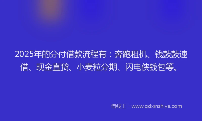 2025年的分付借款流程有：奔跑租机、钱鼓鼓速借、现金直贷、小麦粒分期、闪电侠钱包等。