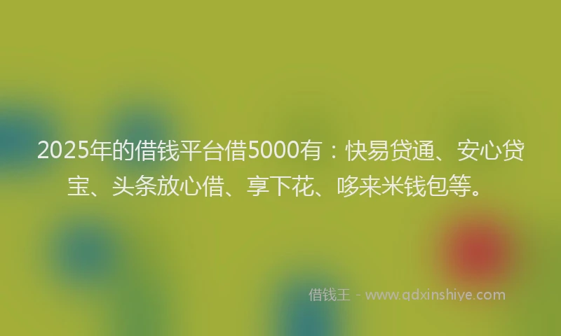 2025年的借钱平台借5000有：快易贷通、安心贷宝、头条放心借、享下花、哆来米钱包等。