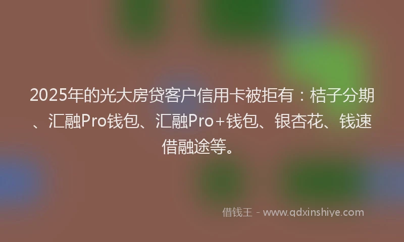 2025年的光大房贷客户信用卡被拒有：桔子分期、汇融Pro钱包、汇融Pro+钱包、银杏花、钱速借融途等。