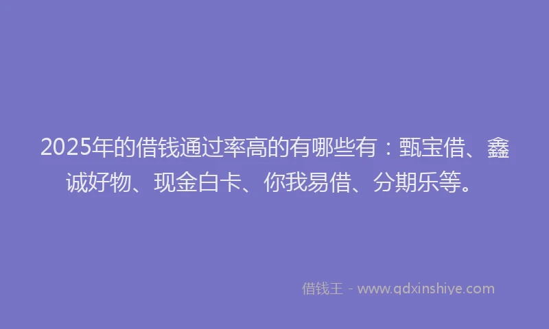 2025年的借钱通过率高的有哪些有：甄宝借、鑫诚好物、现金白卡、你我易借、分期乐等。