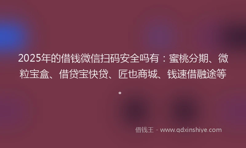 2025年的借钱微信扫码安全吗有：蜜桃分期、微粒宝盒、借贷宝快贷、匠也商城、钱速借融途等。
