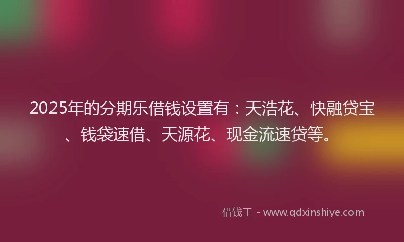 2025年的分期乐借钱设置有：天浩花、快融贷宝、钱袋速借、天源花、现金流速贷等。