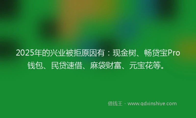 2025年的兴业被拒原因有：现金树、畅贷宝Pro钱包、民贷速借、麻袋财富、元宝花等。