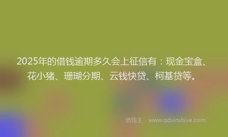 2025年的借钱逾期多久会上征信有：现金宝盒、花小猪、珊瑚分期、云钱快贷、柯基贷等。