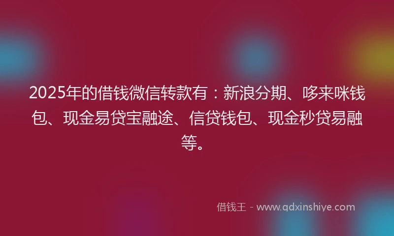 2025年的借钱微信转款有：新浪分期、哆来咪钱包、现金易贷宝融途、信贷钱包、现金秒贷易融等。