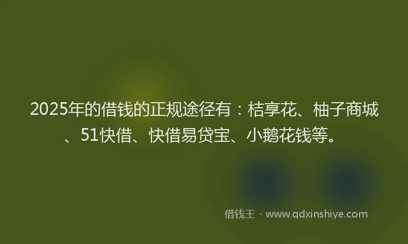 2025年的借钱的正规途径有：桔享花、柚子商城、51快借、快借易贷宝、小鹅花钱等。