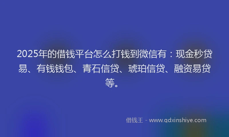 2025年的借钱平台怎么打钱到微信有：现金秒贷易、有钱钱包、青石信贷、琥珀信贷、融资易贷等。