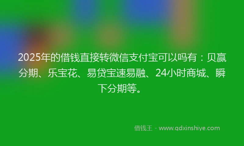 2025年的借钱直接转微信支付宝可以吗有：贝赢分期、乐宝花、易贷宝速易融、24小时商城、瞬下分期等。