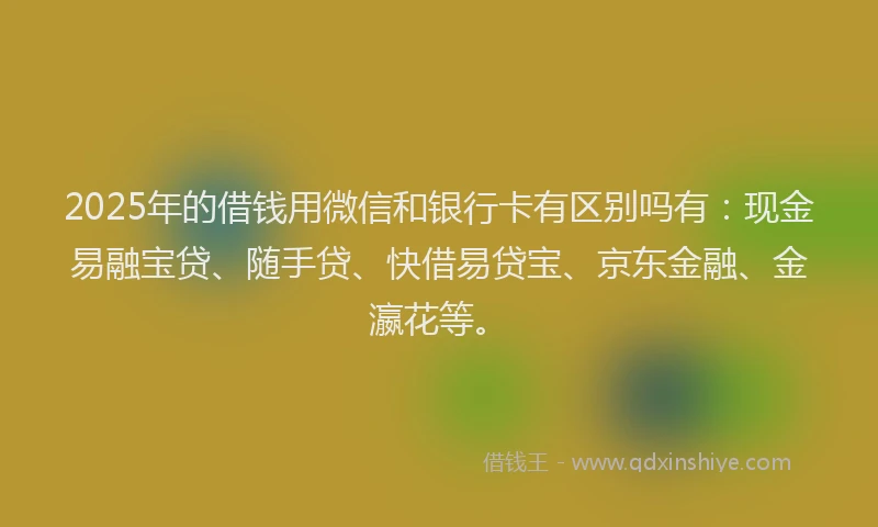 2025年的借钱用微信和银行卡有区别吗有：现金易融宝贷、随手贷、快借易贷宝、京东金融、金瀛花等。