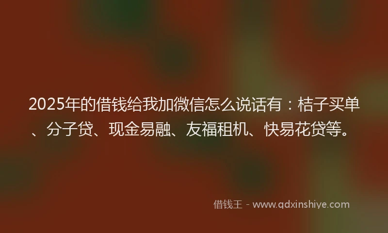 2025年的借钱给我加微信怎么说话有：桔子买单、分子贷、现金易融、友福租机、快易花贷等。