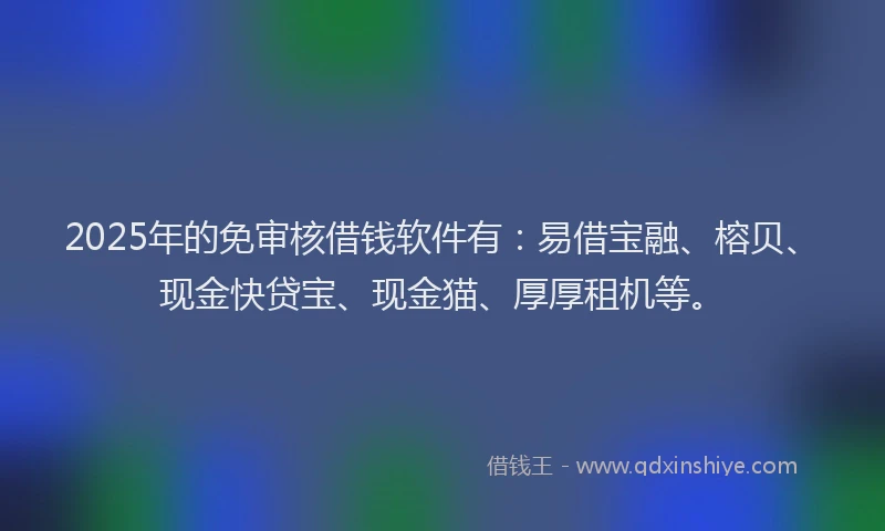 2025年的免审核借钱软件有：易借宝融、榕贝、现金快贷宝、现金猫、厚厚租机等。