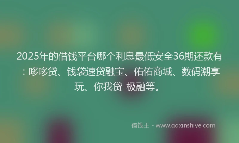 2025年的借钱平台哪个利息最低安全36期还款有：哆哆贷、钱袋速贷融宝、佑佑商城、数码潮享玩、你我贷-极融等。