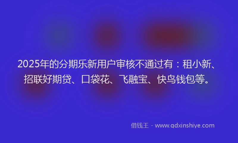 2025年的分期乐新用户审核不通过有：租小新、招联好期贷、口袋花、飞融宝、快鸟钱包等。
