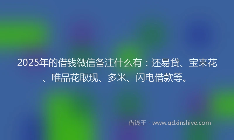 2025年的借钱微信备注什么有：还易贷、宝来花、唯品花取现、多米、闪电借款等。