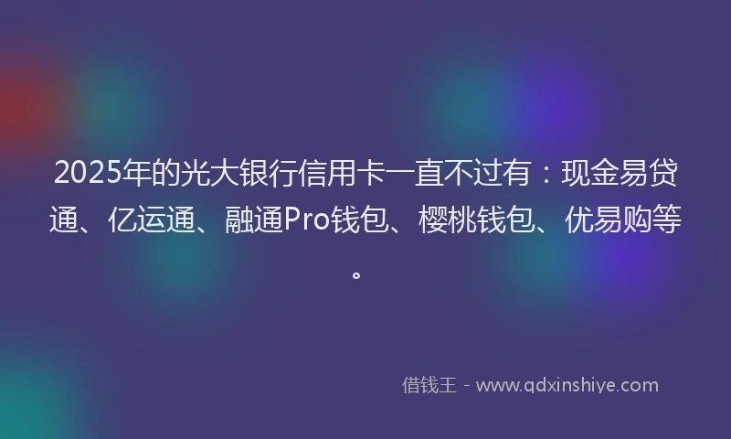 2025年的光大银行信用卡一直不过有：现金易贷通、亿运通、融通Pro钱包、樱桃钱包、优易购等。