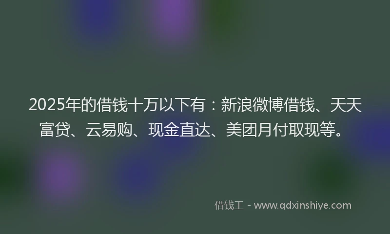 2025年的借钱十万以下有：新浪微博借钱、天天富贷、云易购、现金直达、美团月付取现等。