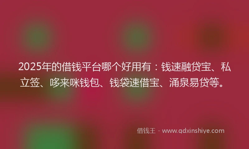 2025年的借钱平台哪个好用有：钱速融贷宝、私立签、哆来咪钱包、钱袋速借宝、涌泉易贷等。
