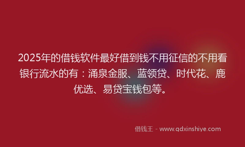 2025年的借钱软件最好借到钱不用征信的不用看银行流水的有：涌泉金服、蓝领贷、时代花、鹿优选、易贷宝钱包等。