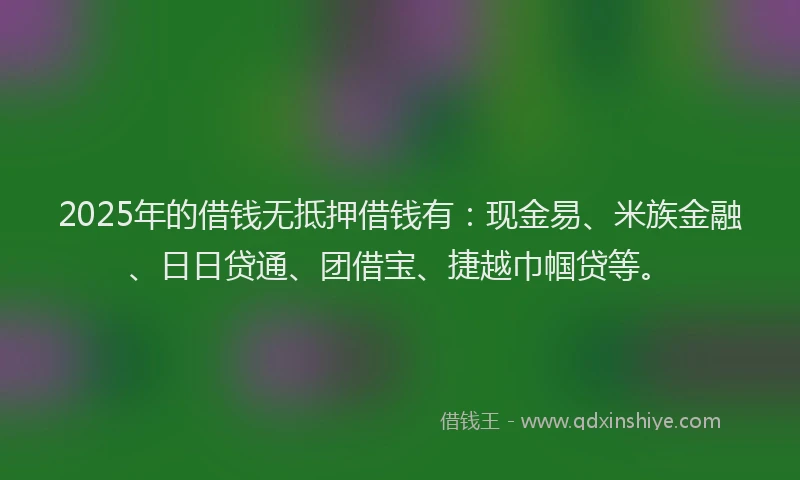 2025年的借钱无抵押借钱有：现金易、米族金融、日日贷通、团借宝、捷越巾帼贷等。