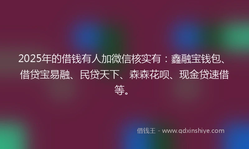 2025年的借钱有人加微信核实有：鑫融宝钱包、借贷宝易融、民贷天下、森森花呗、现金贷速借等。