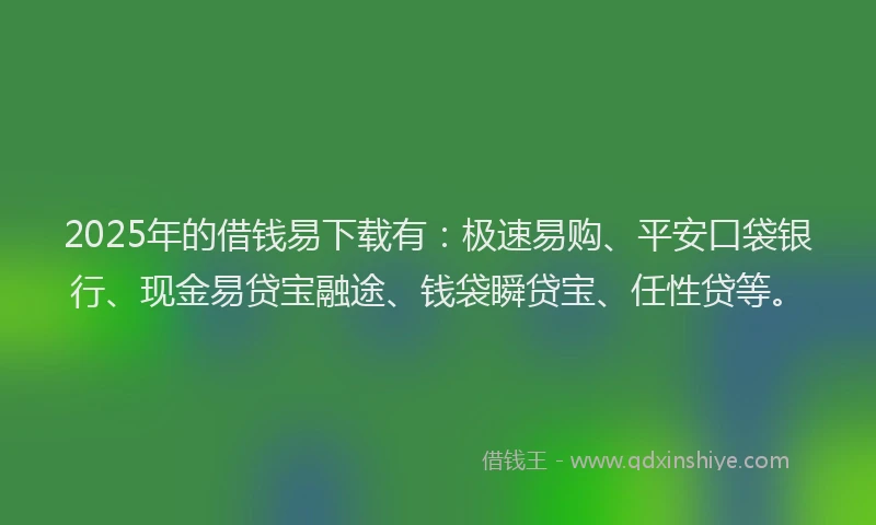 2025年的借钱易下载有：极速易购、平安口袋银行、现金易贷宝融途、钱袋瞬贷宝、任性贷等。