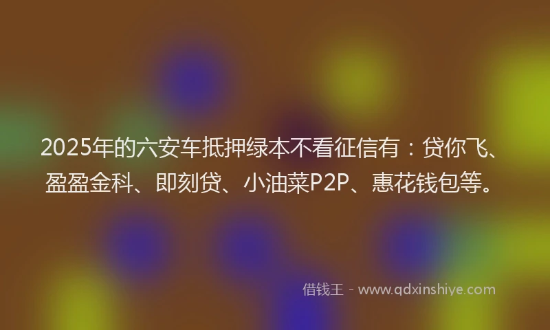 2025年的六安车抵押绿本不看征信有：贷你飞、盈盈金科、即刻贷、小油菜P2P、惠花钱包等。
