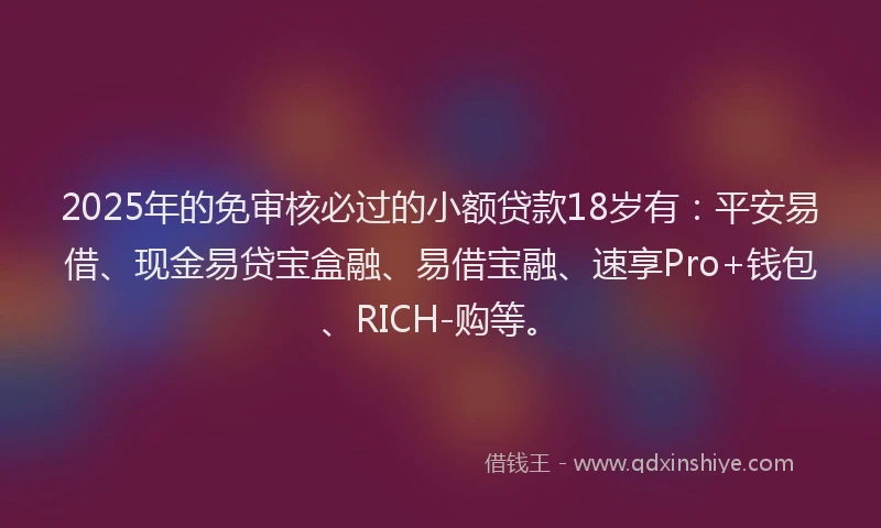 2025年的免审核必过的小额贷款18岁有：平安易借、现金易贷宝盒融、易借宝融、速享Pro+钱包、RICH-购等。