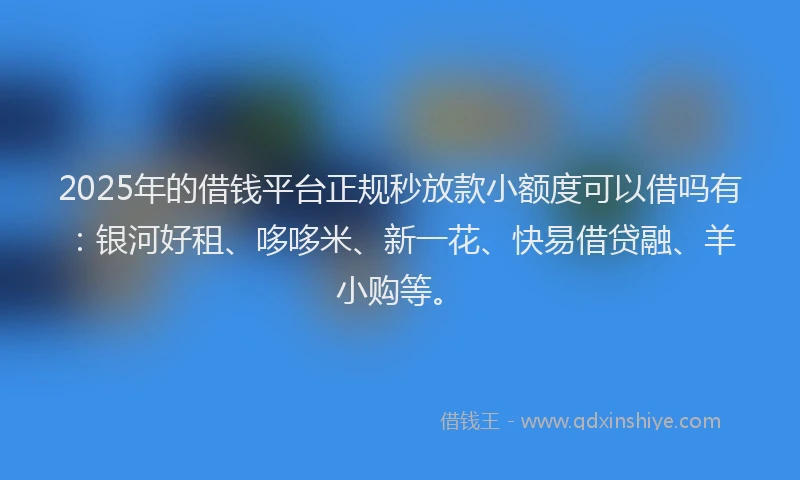 2025年的借钱平台正规秒放款小额度可以借吗有：银河好租、哆哆米、新一花、快易借贷融、羊小购等。