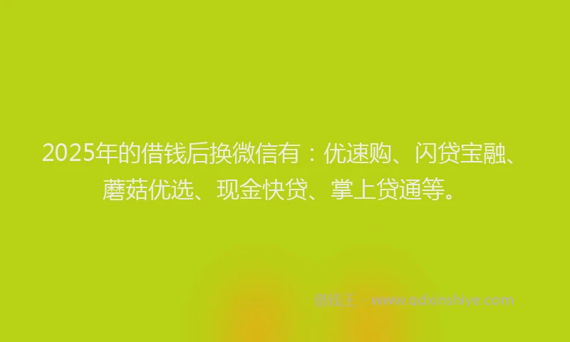 2025年的借钱后换微信有：优速购、闪贷宝融、蘑菇优选、现金快贷、掌上贷通等。