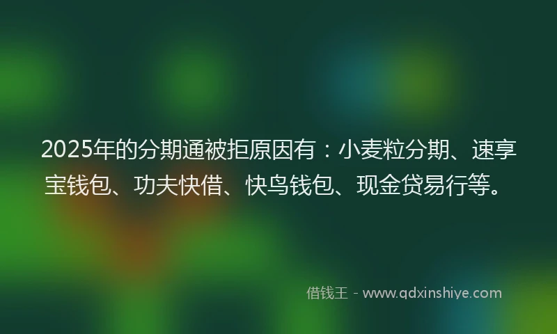 2025年的分期通被拒原因有：小麦粒分期、速享宝钱包、功夫快借、快鸟钱包、现金贷易行等。