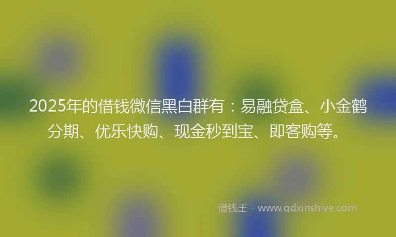 2025年的借钱微信黑白群有：易融贷盒、小金鹤分期、优乐快购、现金秒到宝、即客购等。