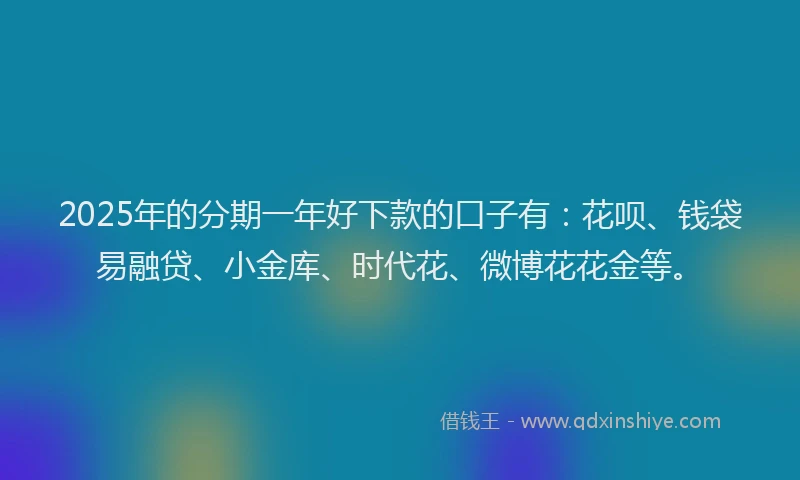 2025年的分期一年好下款的口子有：花呗、钱袋易融贷、小金库、时代花、微博花花金等。