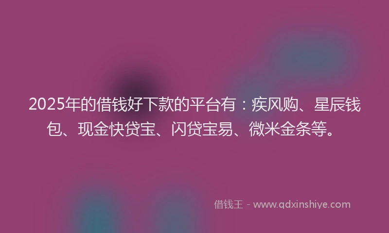 2025年的借钱好下款的平台有：疾风购、星辰钱包、现金快贷宝、闪贷宝易、微米金条等。