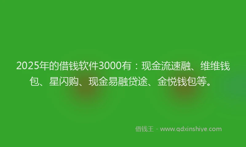 2025年的借钱软件3000有：现金流速融、维维钱包、星闪购、现金易融贷途、金悦钱包等。