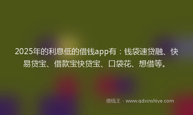 2025年的利息低的借钱app有：钱袋速贷融、快易贷宝、借款宝快贷宝、口袋花、想借等。