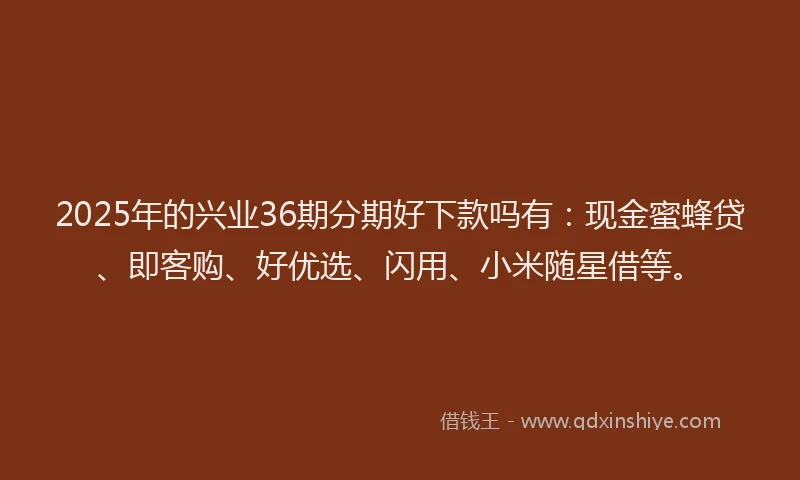 2025年的兴业36期分期好下款吗有：现金蜜蜂贷、即客购、好优选、闪用、小米随星借等。