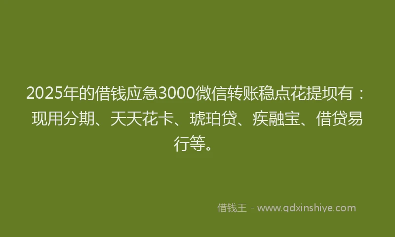 2025年的借钱应急3000微信转账稳点花提坝有：现用分期、天天花卡、琥珀贷、疾融宝、借贷易行等。