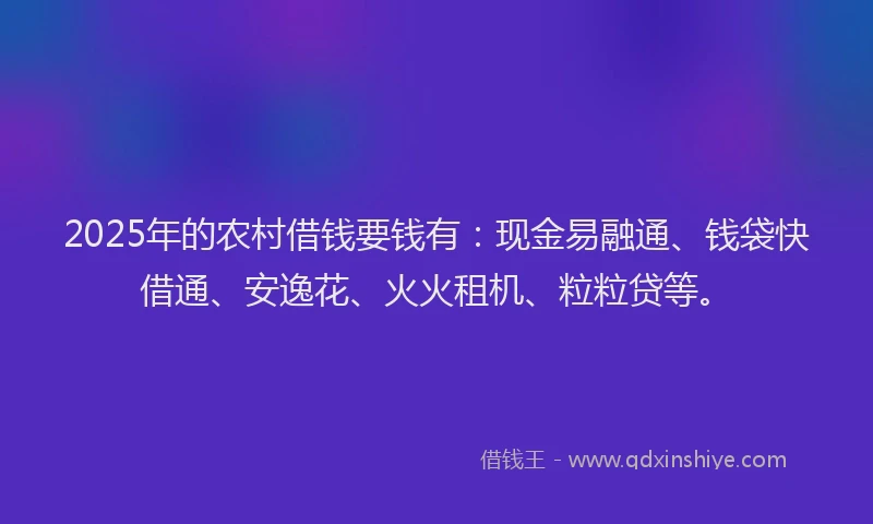 2025年的农村借钱要钱有：现金易融通、钱袋快借通、安逸花、火火租机、粒粒贷等。