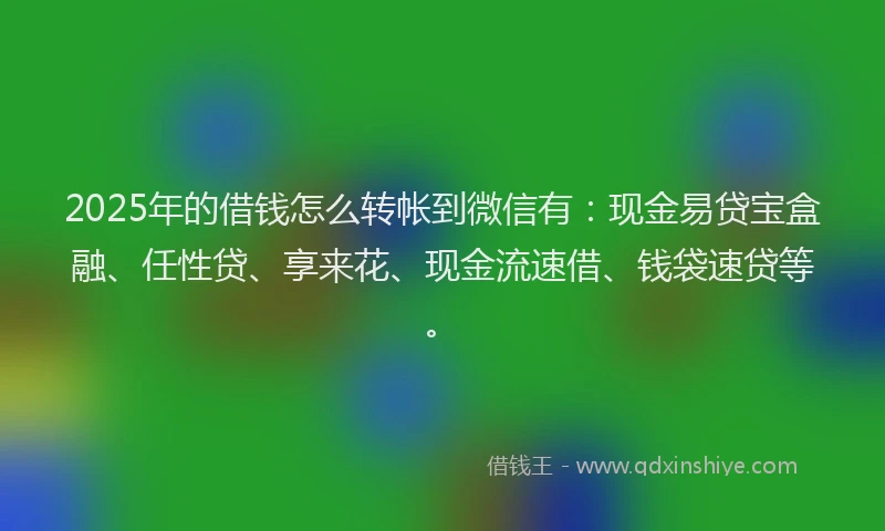 2025年的借钱怎么转帐到微信有：现金易贷宝盒融、任性贷、享来花、现金流速借、钱袋速贷等。