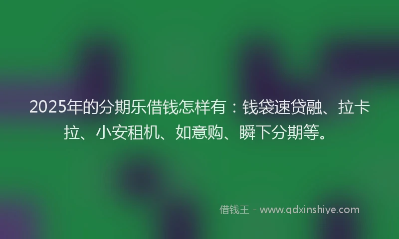 2025年的分期乐借钱怎样有：钱袋速贷融、拉卡拉、小安租机、如意购、瞬下分期等。