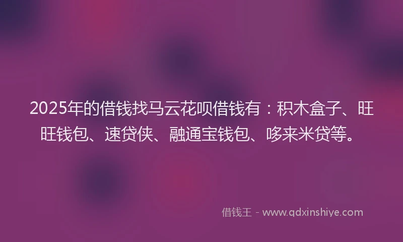 2025年的借钱找马云花呗借钱有：积木盒子、旺旺钱包、速贷侠、融通宝钱包、哆来米贷等。