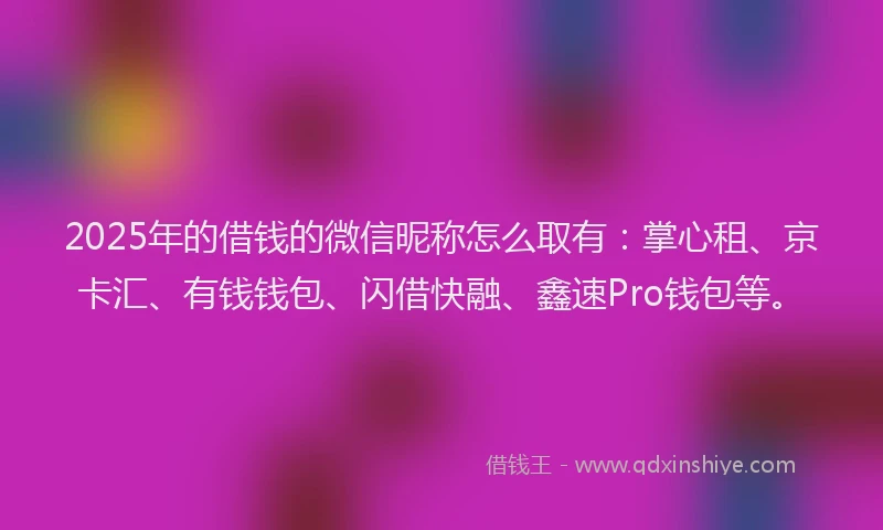 2025年的借钱的微信昵称怎么取有：掌心租、京卡汇、有钱钱包、闪借快融、鑫速Pro钱包等。