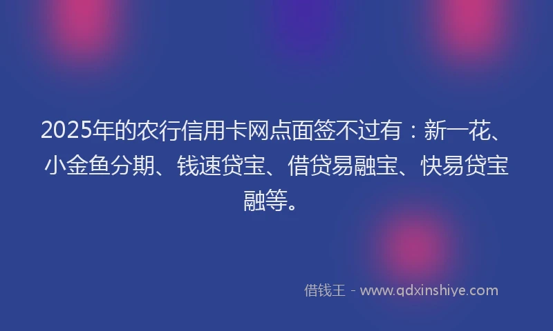 2025年的农行信用卡网点面签不过有：新一花、小金鱼分期、钱速贷宝、借贷易融宝、快易贷宝融等。