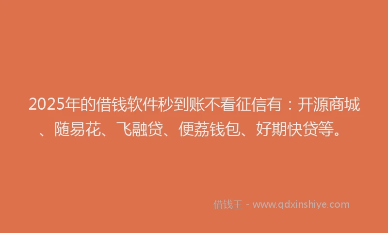 2025年的借钱软件秒到账不看征信有：开源商城、随易花、飞融贷、便荔钱包、好期快贷等。