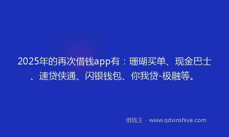 2025年的再次借钱app有：珊瑚买单、现金巴士、速贷侠通、闪银钱包、你我贷-极融等。
