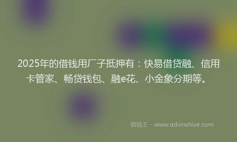 2025年的借钱用厂子抵押有：快易借贷融、信用卡管家、畅贷钱包、融e花、小金象分期等。