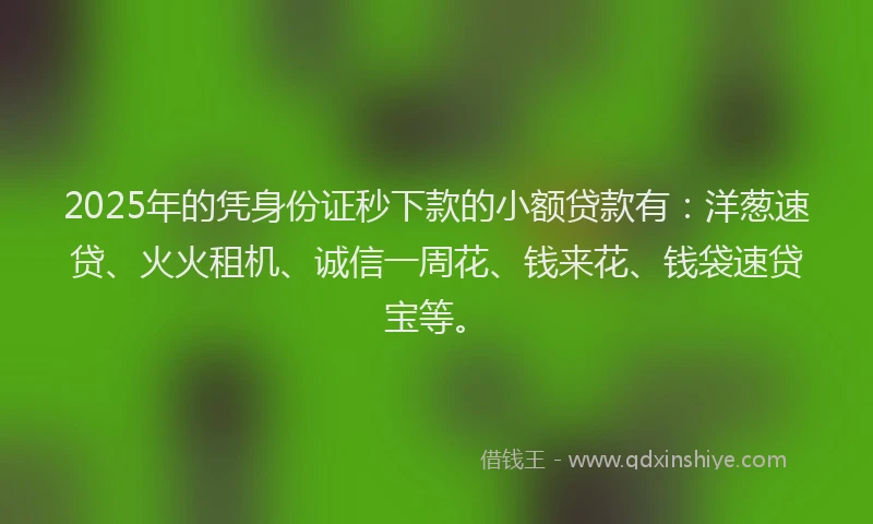 2025年的凭身份证秒下款的小额贷款有：洋葱速贷、火火租机、诚信一周花、钱来花、钱袋速贷宝等。