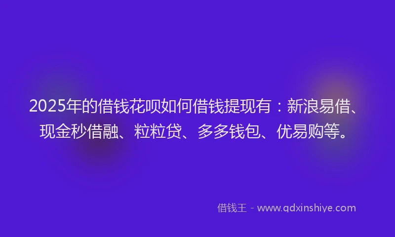 2025年的借钱花呗如何借钱提现有：新浪易借、现金秒借融、粒粒贷、多多钱包、优易购等。